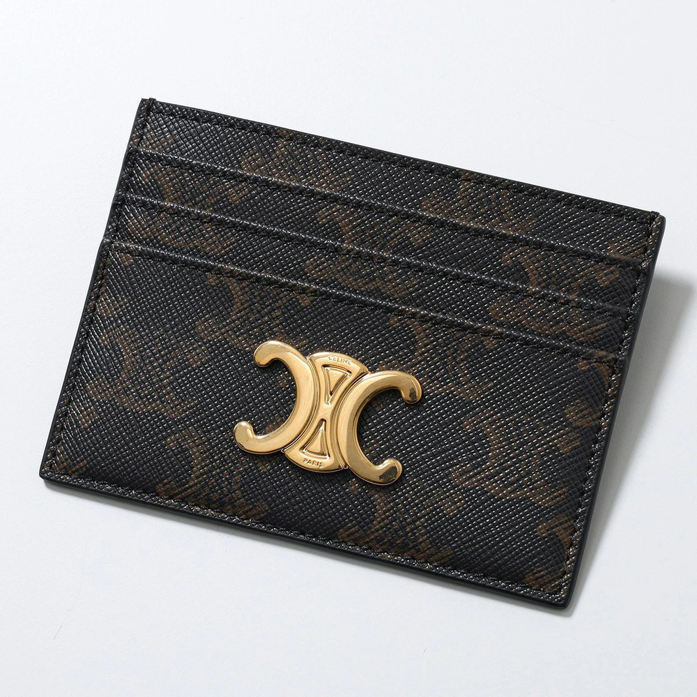 Celine Triomphe Card Case Wallet Monogram Leather Pass Metal Tan